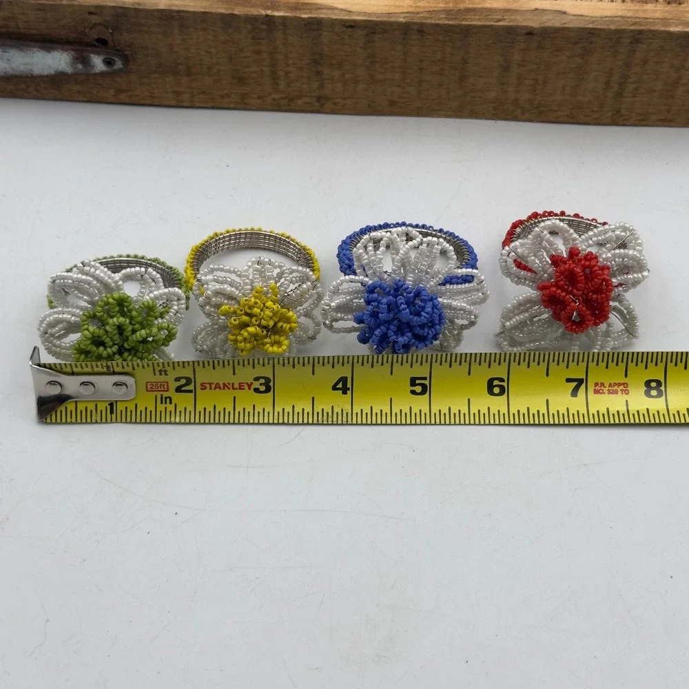 Beaded Flower Napkin Rings Multicolor Floral Set of 4 Spring Decor Cottagecore